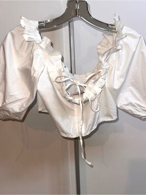 Bardot White Ruffle Tie-Front Puff Sleeve Crop Top
